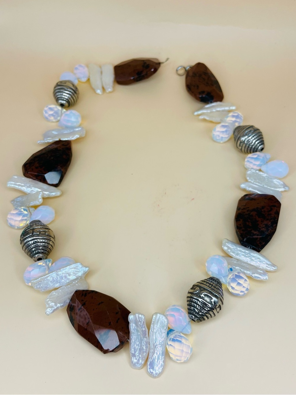 Handcrafted Gemstone Necklace Mahogany Obsidian Biwa Pearls - broken clasp